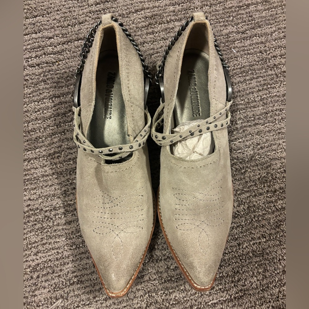 Zadig & Voltaire Taupe Suede Pointed Ankle Booties with Studded Strap